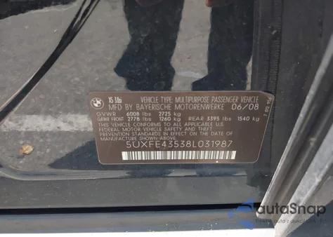 2008 BMW X5 3.0Si z USA, uszkodzony, nr VIN 5UXFE43538L031987